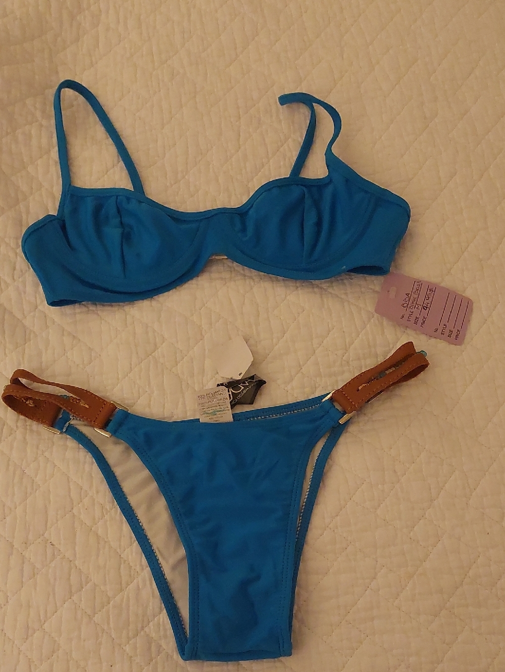 Brazilian Blue Bikini Set with Brown Strap Accents
